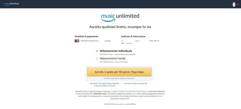 Schermata registrazione Amazon Music Unlimited final
