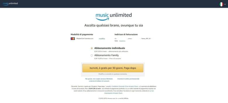 Schermata Registrazione Amazon Music Unlimited Final
