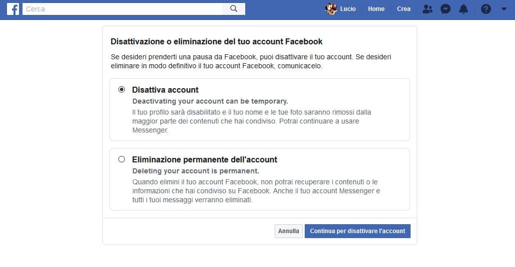 Disattiva Facebook