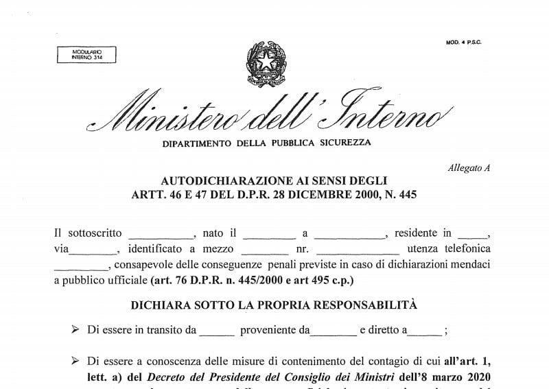 Link Per Scaricare Autocertificazione Degli Spostamenti In Italia