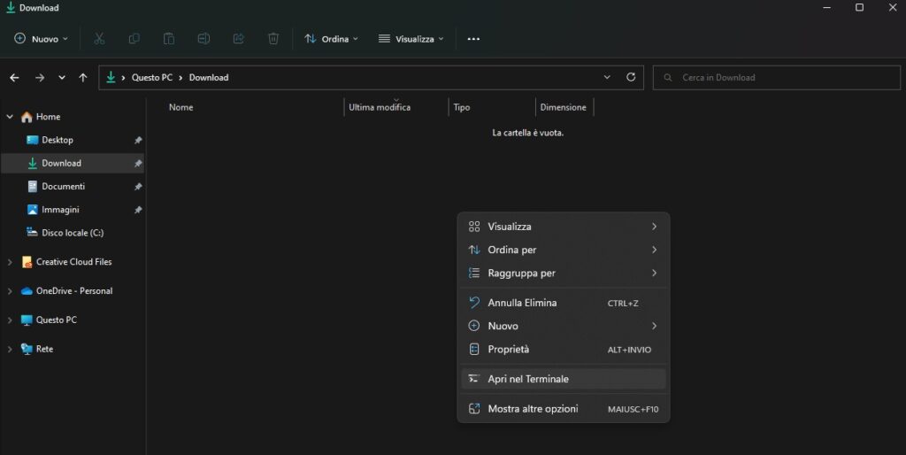 Aprire il CMD dal menu contestuale