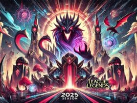 Illustrazione dinamica della stagione 2025 di League of Legends, con tema Noxus e Summoner's Rift aggiornato.