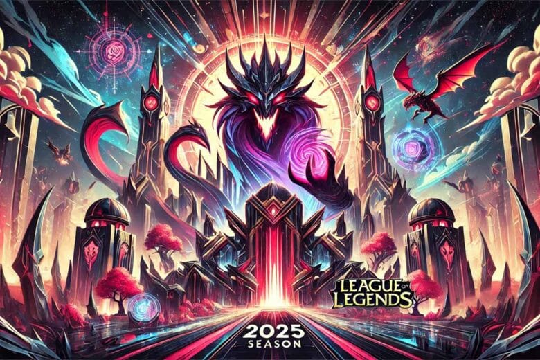 Illustrazione Dinamica Della Stagione 2025 Di League Of Legends, Con Tema Noxus E Summoner'S Rift Aggiornato.