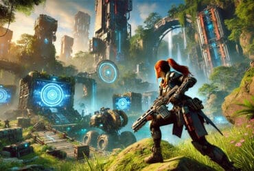 Scena D'Azione Di Horizon Forbidden West Con Macchine Futuristiche E Rovine Antiche.
