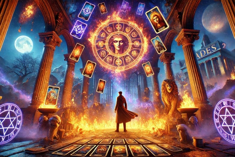 Altare mistico in Hades 2 con carte tarocchi fluttuanti e simboli della Psiche