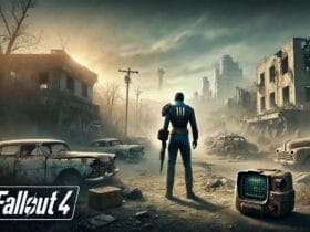 Protagonista In Un Paesaggio Post-Apocalittico Di Fallout 4 Con Un Pip-Boy, Edifici Distrutti E Atmosfera Desolata