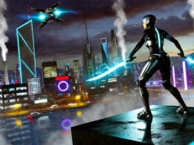 Protagonista Di Stellar Blade In Un Ambiente Cyberpunk Con Spada Energetica