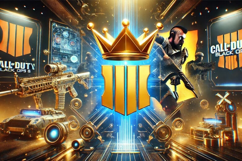 Immagine Tematica Di Call Of Duty Black Ops 6 Con Un'Icona Corona Dorata E Elementi Futuristici Di Battaglia.