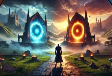 Un Cavaliere Medievale Davanti A Due Portali Luminosi In Un Paesaggio Fantasy, Simbolo Del Cambio Di Server In Throne And Liberty.