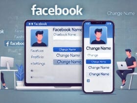 Illustrazione Moderna Di Un Utente Che Cambia Il Nome Del Profilo Facebook Su Computer E Smartphone.