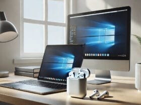Scrivania moderna con monitor e laptop Windows accanto a una custodia AirPods aperta pronta per il collegamento.