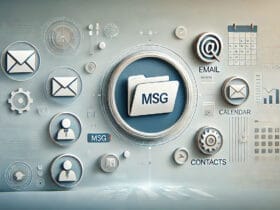Illustrazione Digitale Che Mostra Un File Msg Circondato Da Icone Email, Calendario E Contatti, Con Sfondo Minimalista Blu.