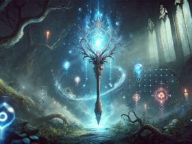 Magico Scettro Con Luce Eterea Blu In Una Foresta Incantata, Perfetto Per Guida Su Come Ottenere Spirito In Path Of Exile 2.