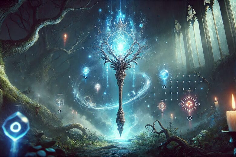 Magico Scettro Con Luce Eterea Blu In Una Foresta Incantata, Perfetto Per Guida Su Come Ottenere Spirito In Path Of Exile 2.