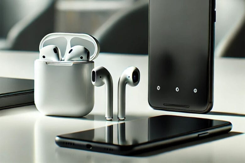 Airpods E Smartphone Android Su Un Tavolo Bianco Per Un Articolo Sulla Disattivazione Del Tracciamento Della Posizione.