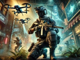 Soldato Stealth In Un Ambiente Urbano, Con Uav Sopra, Che Enfatizza Il Tema Del Ghost Perk In Black Ops 6.