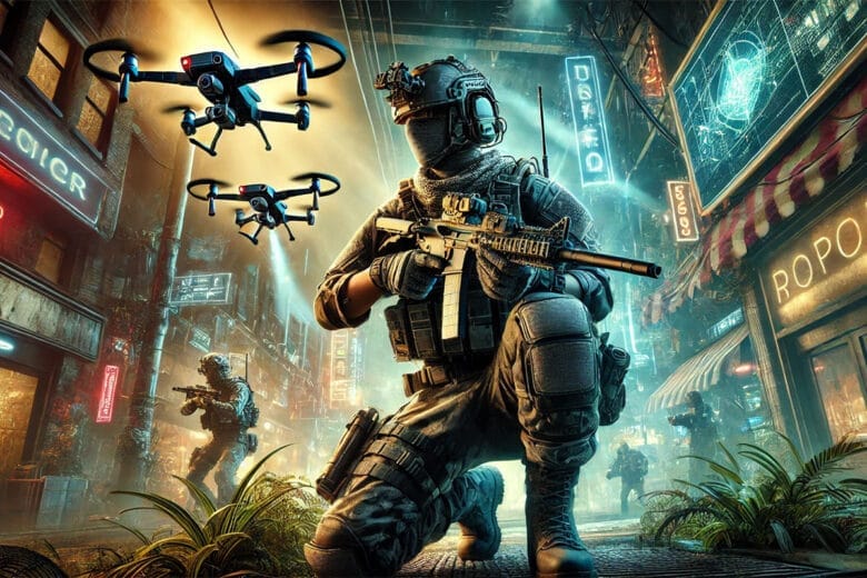 Soldato Stealth In Un Ambiente Urbano, Con Uav Sopra, Che Enfatizza Il Tema Del Ghost Perk In Black Ops 6.