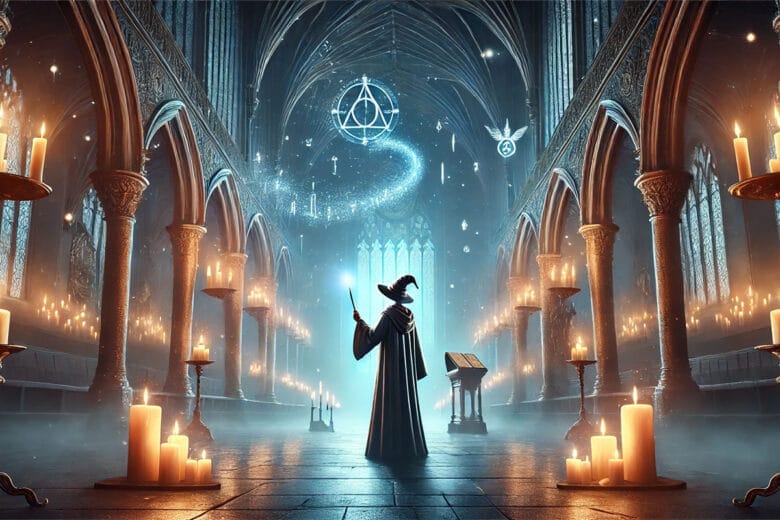 Wizard Con Bacchetta Magica Nelle Maestose Sale Di Hogwarts, Atmosfera Incantata Con Candele Fluttuanti E Rune Magiche.