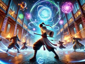 Scena D'Azione Di Un Videogioco Ispirato A Jujutsu Infinite, Con Un Personaggio Che Brandisce Un Bastone Magico In Un'Arena Mistica.