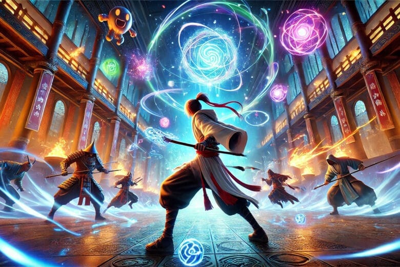 Scena D'Azione Di Un Videogioco Ispirato A Jujutsu Infinite, Con Un Personaggio Che Brandisce Un Bastone Magico In Un'Arena Mistica.