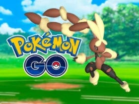 Illustrazione Di Mega Lopunny Shiny In Pokémon Go, Con Effetti Energetici E Sfondo Da Battaglia.