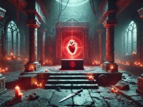 Altare Con Cuore Sacrificale E Pugnale In Un Tempio Antico, Atmosfera Fantasy Oscura E Misteriosa In Path Of Exile 2.