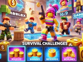 Ambiente Di Gioco In Stile Roblox Con Personaggi Colorati E Premi In Monete, Ispirato A Sfide Di Sopravvivenza.