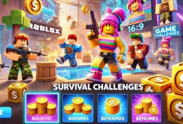 Ambiente Di Gioco In Stile Roblox Con Personaggi Colorati E Premi In Monete, Ispirato A Sfide Di Sopravvivenza.