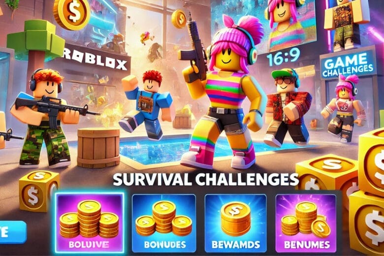 Ambiente Di Gioco In Stile Roblox Con Personaggi Colorati E Premi In Monete, Ispirato A Sfide Di Sopravvivenza.