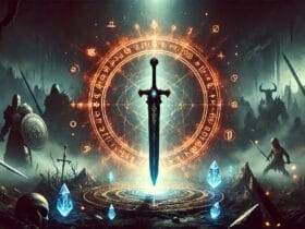Spada Fantasy Con Rune Luminose E Magia Nell'Atmosfera, Ispirata A Path Of Exile 2.