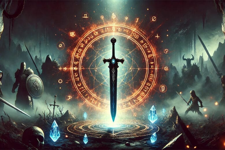 Spada Fantasy Con Rune Luminose E Magia Nell'Atmosfera, Ispirata A Path Of Exile 2.
