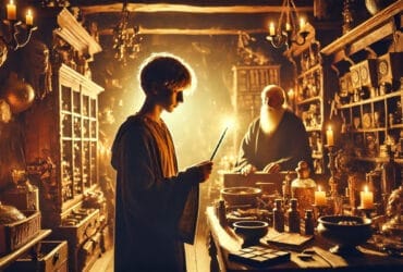 Giovane mago con una bacchetta magica luminosa in un negozio mistico con scaffali pieni di artefatti magici.