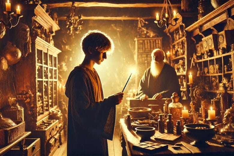 Giovane mago con una bacchetta magica luminosa in un negozio mistico con scaffali pieni di artefatti magici.