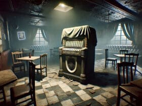 Interno Del Bar Di Silent Hill 2 Remake Con Un Jukebox Rotto Coperto Da Un Telo, Atmosfera Spettrale Con Neon E Arredi Abbandonati.
