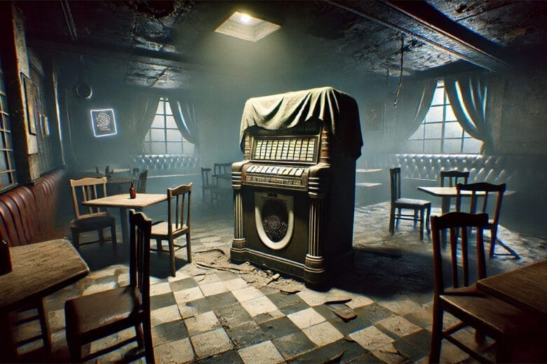 Interno Del Bar Di Silent Hill 2 Remake Con Un Jukebox Rotto Coperto Da Un Telo, Atmosfera Spettrale Con Neon E Arredi Abbandonati.