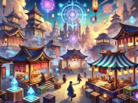 Illustrazione Di Un Trade Hub Fantasy In Stile Anime, Con Giocatori Che Scambiano Oggetti In Un Mercato Vivace.