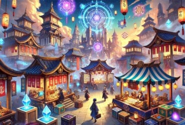 Illustrazione Di Un Trade Hub Fantasy In Stile Anime, Con Giocatori Che Scambiano Oggetti In Un Mercato Vivace.