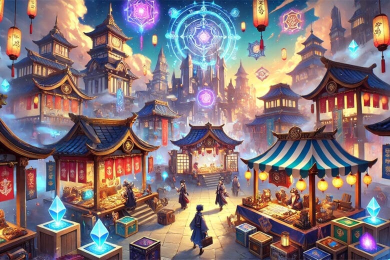 Illustrazione Di Un Trade Hub Fantasy In Stile Anime, Con Giocatori Che Scambiano Oggetti In Un Mercato Vivace.