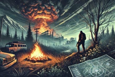 Illustrazione Di Un Paesaggio Post-Apocalittico In Stalker 2 Con Una Guida Vicino A Un Fuoco E Una Mappa Luminescente.