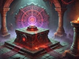Altar Di Corruzione In Path Of Exile 2 Con Luci Rosse E Viola In Un Dungeon Oscuro.