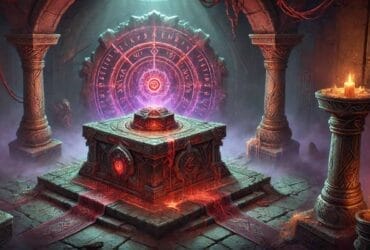 Altar Di Corruzione In Path Of Exile 2 Con Luci Rosse E Viola In Un Dungeon Oscuro.