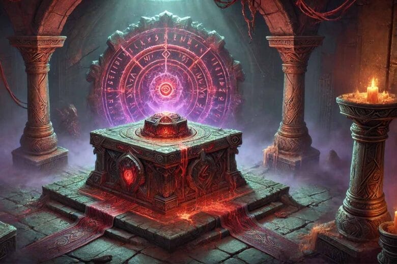 Altar Di Corruzione In Path Of Exile 2 Con Luci Rosse E Viola In Un Dungeon Oscuro.