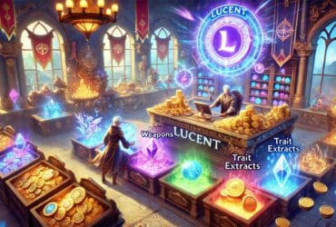 Scena fantasy di un giocatore che accumula Lucent in Throne and Liberty presso una Casa d'Aste, con oggetti rari e decorazioni medievali