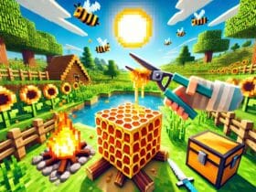 Scena In Stile Minecraft Che Mostra Un Giocatore Che Usa Cesoie Su Un Nido D'Ape Pieno Di Miele, Con Un Fuoco Da Campo Posizionato Sotto E Un Paesaggio Di Prati E Girasoli.