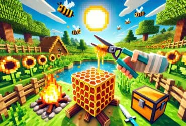 Scena In Stile Minecraft Che Mostra Un Giocatore Che Usa Cesoie Su Un Nido D'Ape Pieno Di Miele, Con Un Fuoco Da Campo Posizionato Sotto E Un Paesaggio Di Prati E Girasoli.