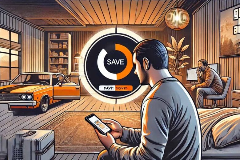 Illustrazione Di Un Giocatore In Gta 5 Che Salva I Progressi Usando Il Cellulare, Con Un'Icona Arancione Di Salvataggio Automatico Visibile.
