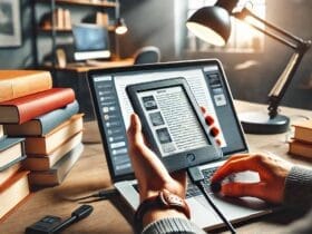 Persona che tiene un eReader Nook GlowLight 4e collegato a un laptop tramite cavo USB, con libri e computer sullo sfondo.