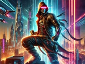 Futuristica Città Cyberpunk Con Un Personaggio Mercenario In Armatura Avanzata Sotto Luci Al Neon, Che Evoca Progresso E Tecnologia.