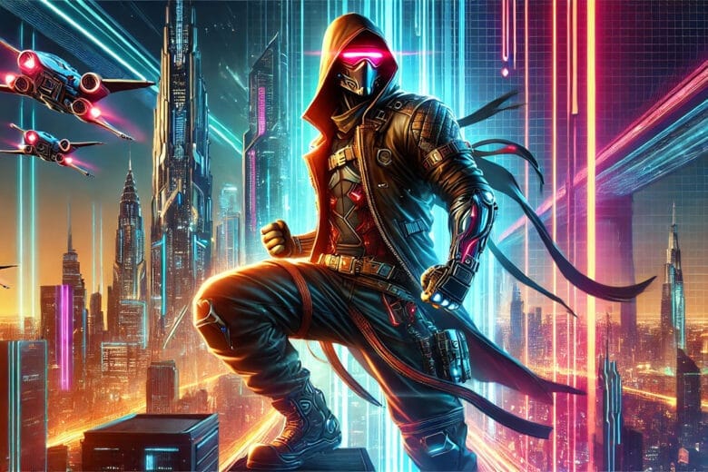 Futuristica Città Cyberpunk Con Un Personaggio Mercenario In Armatura Avanzata Sotto Luci Al Neon, Che Evoca Progresso E Tecnologia.