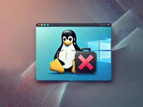 Windows 11 con icona di Linux Tux e concetto di disinstallazione rappresentato da un'icona con una X rossa.